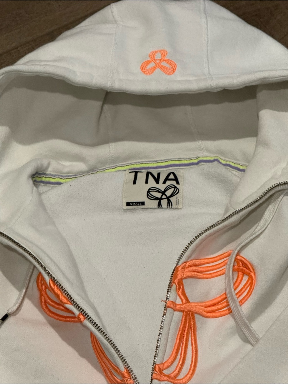 TNA Aritzia White Zip Hoodie - Neon Orange Accents - Size Small - Picture 3 of 6